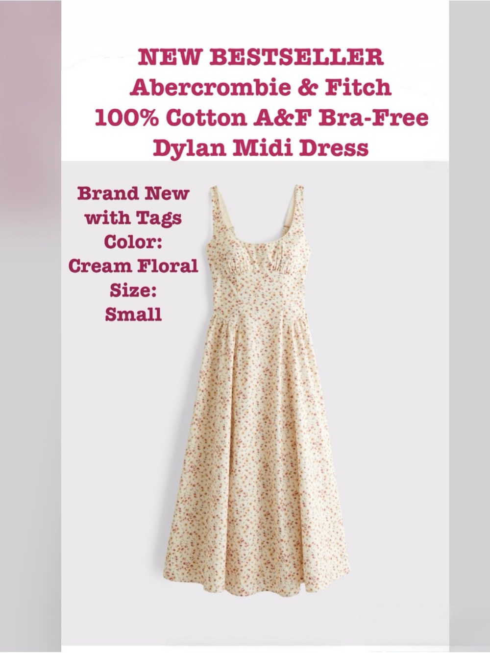 Abercrombie & Fitch 100% Cotton Dylan Midi Dress in Cream Floral Size Small
